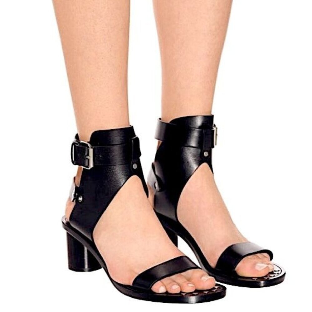 Isabel Marant Black Leather Jaeryn Mid Heel  Sandals, Size 37EU, Buckle